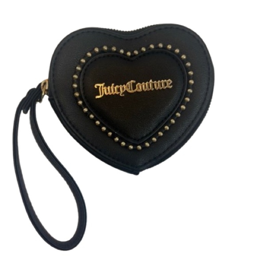 Juicy Couture Heart Wristlet Coin Purse Black Studded Gold Logo NWOT